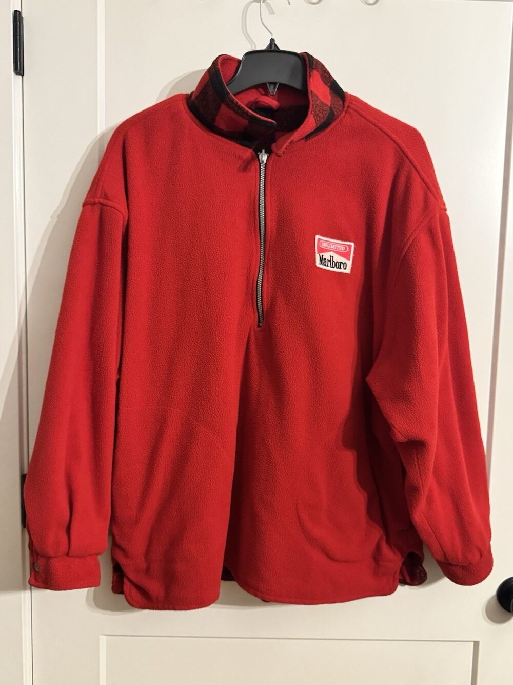 Vintage Marlboro Unlimited XL Red 1/4 Zip Reversible Fleece Buffalo Plaid 90s